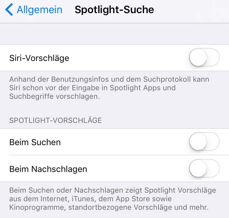 Schalte die Spotlight-Suche ab