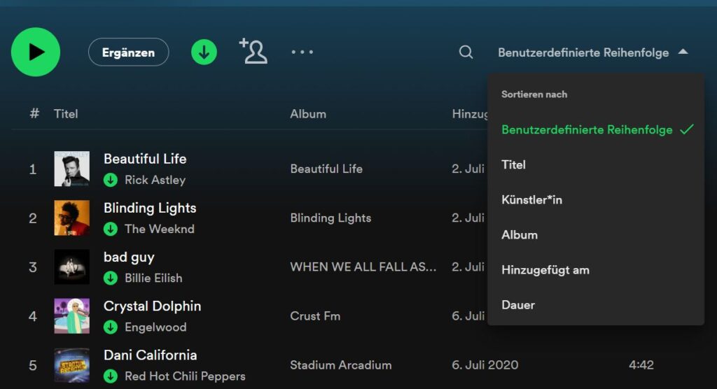 Spotify Benutzerdefinierte Reihenfolge