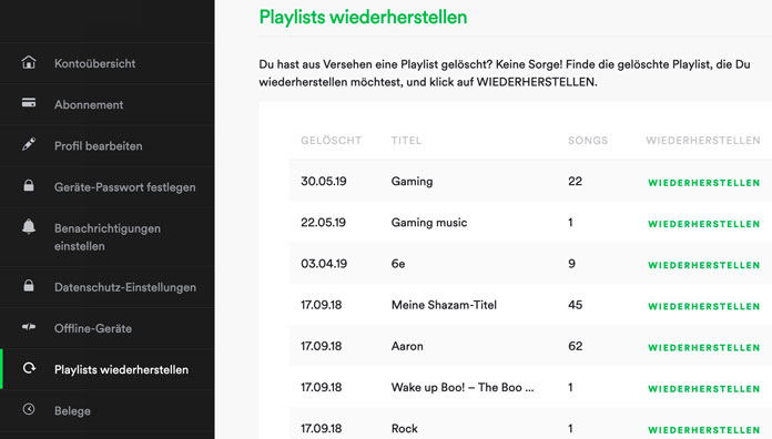 Spotify Gelöschte Playlisten wiederherstellen