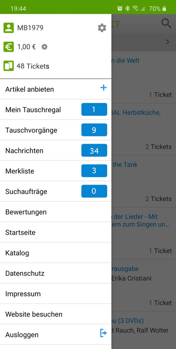 Tauschticket Menü