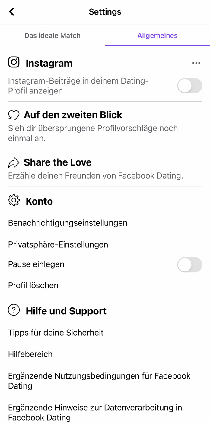 Facebook Dating Einstellungen Allgemeines