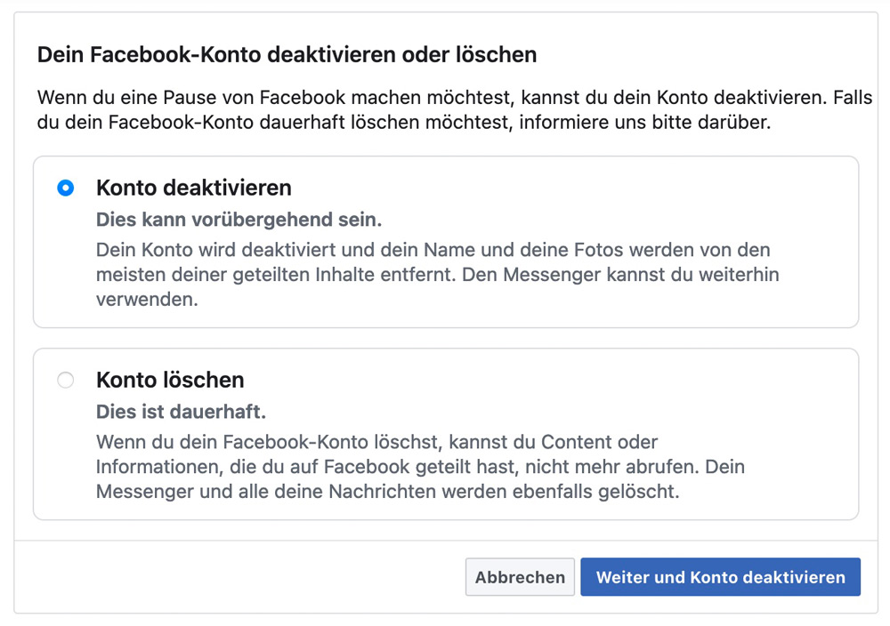 Facebook-Konto deaktivieren oder löschen