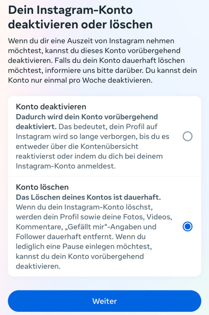 Instagram-Konto löschen Auswahl