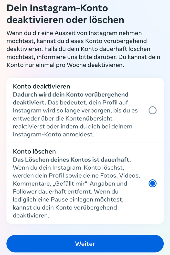 Instagram-Konto löschen oder deaktivieren - so geht's