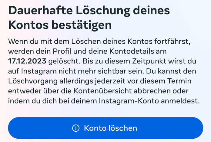 Instagram-Konto löschen Bestätigung