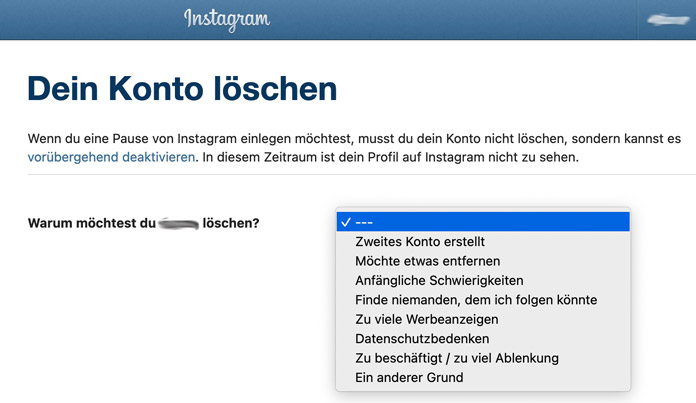 Instagram-Konto löschen im Browser