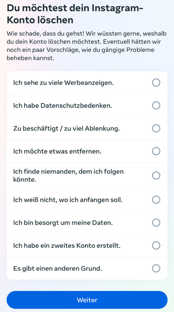 Instagram-Konto löschen Grund