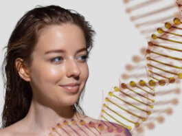 DNA-Stränge und schönes weibliches Gesicht in Doppelbelichtung - Epigenetik in der Hautpflege