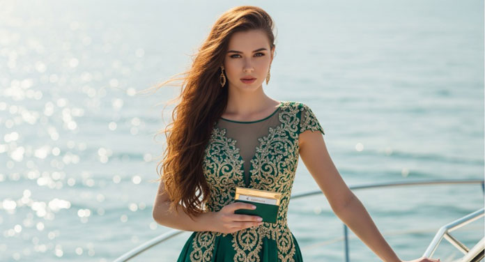 elegant gekleidete Frau mit Kartenetui