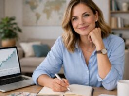 Frau arbeitet am Schreibtisch mit Laptop - ETF-Sparplan für Frauen