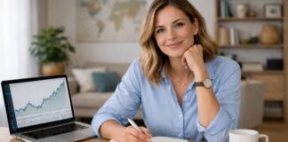 Frau arbeitet am Schreibtisch mit Laptop - ETF-Sparplan für Frauen