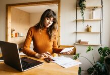 Dein Geld ist nicht nur Zahlenkram – es ist Freiheit. So baust du dir echte finanzielle Sicherheit auf Frau arbeitet am Schreibtisch zu Hause für ihre finanzielle Sicherheit