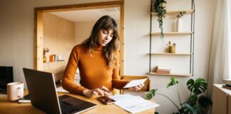 Dein Geld ist nicht nur Zahlenkram – es ist Freiheit. So baust du dir echte finanzielle Sicherheit auf Frau arbeitet am Schreibtisch zu Hause für ihre finanzielle Sicherheit