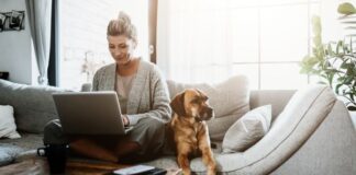 Frau arbeitet am Laptop mit Hund - das Leben neu sortieren