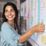 Businessplan light: Eine einfache Vorlage für dein erstes Angebot Frau arbeitet an einem Projektboard an ihrem Businessplan Light