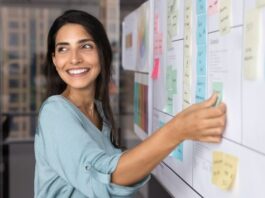 Frau arbeitet an einem Projektboard an ihrem Businessplan Light