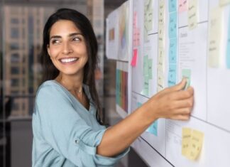 Businessplan light: Eine einfache Vorlage für dein erstes Angebot Frau arbeitet an einem Projektboard an ihrem Businessplan Light