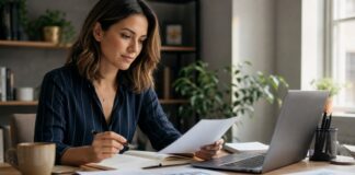 Gender Pay Gap: Was dich die Lohnlücke wirklich kostet Frau prüft Gehaltsunterlagen und Zahlen am Schreibtisch