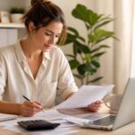 Freelancerin sortiert Unterlagen für ihre Steuererklärung am Schreibtisch