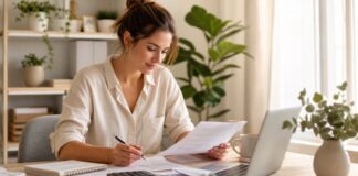 Steuererklärung als Freelancer: Schritt-für-Schritt-Guide Freelancerin sortiert Unterlagen für ihre Steuererklärung am Schreibtisch