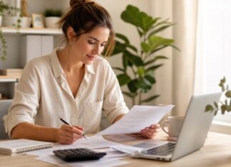 Steuererklärung als Freelancer: Schritt-für-Schritt-Guide Freelancerin sortiert Unterlagen für ihre Steuererklärung am Schreibtisch