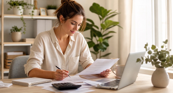 Freelancerin sortiert Unterlagen für ihre Steuererklärung am Schreibtisch