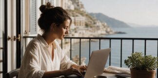 Frau arbeitet mit Laptop auf einem Balkon mit Meerblick