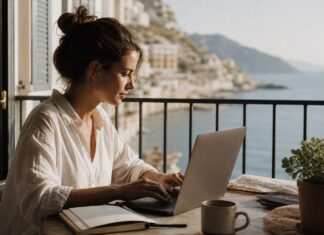 Digitale Nomadin werden: So gelingt ortsunabhängiges Arbeiten wirklich Frau arbeitet mit Laptop auf einem Balkon mit Meerblick
