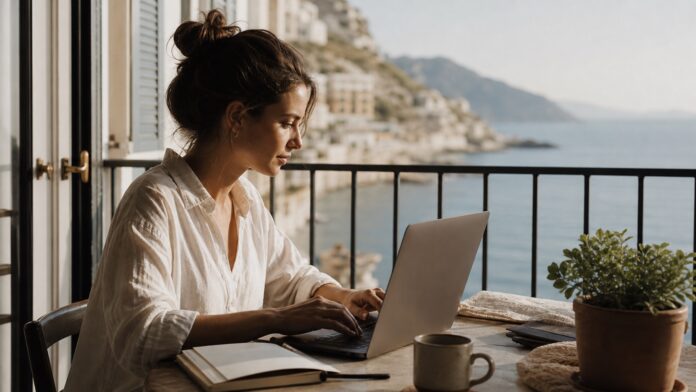 Frau arbeitet mit Laptop auf einem Balkon mit Meerblick