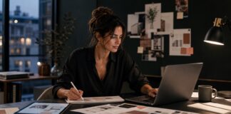 Digitale Produkte erstellen: Was wirklich funktioniert und was du realistisch verdienen kannst Frau entwickelt digitale Produkte am Laptop in einem kreativen Studio