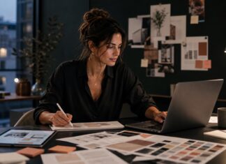 Frau entwickelt digitale Produkte am Laptop in einem kreativen Studio