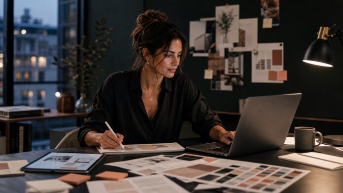 Frau entwickelt digitale Produkte am Laptop in einem kreativen Studio