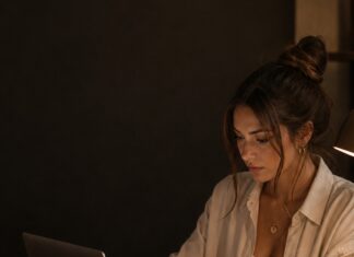 Frau arbeitet konzentriert am Laptop und plant ihre finanzielle Unabhängigkeit