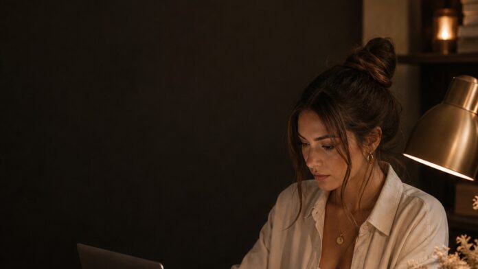 Frau arbeitet konzentriert am Laptop und plant ihre finanzielle Unabhängigkeit