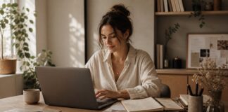 Freelancerin werden: Der ehrliche Leitfaden für den Start Freelancerin arbeitet konzentriert am Laptop im Homeoffice