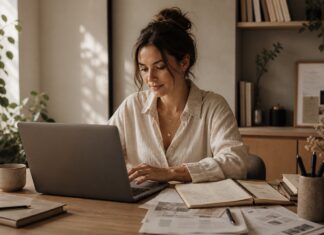 Freelancerin arbeitet konzentriert am Laptop im Homeoffice