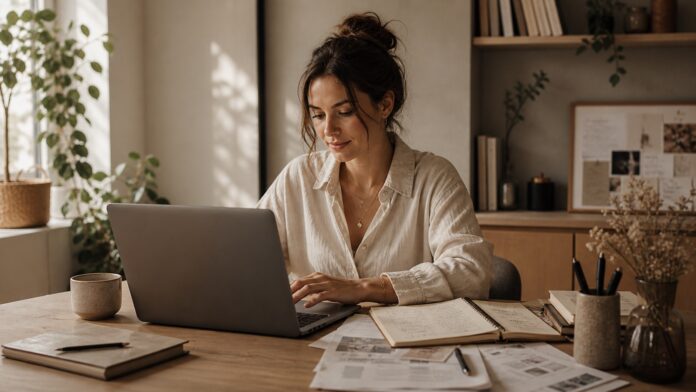 Freelancerin arbeitet konzentriert am Laptop im Homeoffice