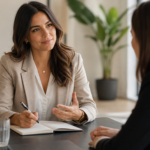 Zwei Frauen in einem professionellen Gespräch über Gehalt und Karriere