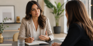 Gehaltsverhandlung für Frauen: DOs & DON’Ts, die wirklich helfen Zwei Frauen in einem professionellen Gespräch über Gehalt und Karriere