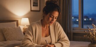 Abendroutine erfolgreicher Menschen: 10 Dinge, die den nächsten Tag leichter machen Frau schreibt in ihr Tagebuch - Abendroutine erfolgreicher Menschen