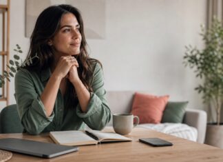 Morgenroutine erfolgreicher Menschen: 7 Gewohnheiten, die wirklich helfen Nachdenkliche Frau am Schreibtisch - Morgenroutine erfolgreicher Menschen