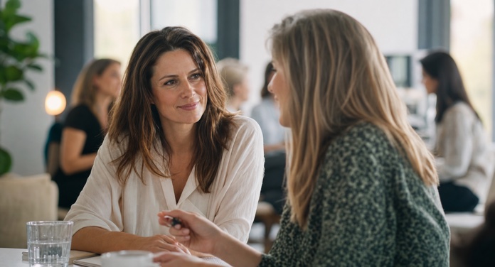 Zwei Frauen unterhalten sich freundlich - so kannst du sympathischer wirken