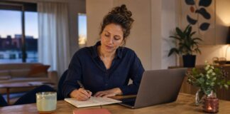 Was kann ich neben dem Job machen? 6 realistische Wege für Frauen Frau plant nach Feierabend am Laptop ihre beruflichen Möglichkeiten neben dem Job