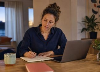 Was kann ich neben dem Job machen? 6 realistische Wege für Frauen Frau plant nach Feierabend am Laptop ihre beruflichen Möglichkeiten neben dem Job
