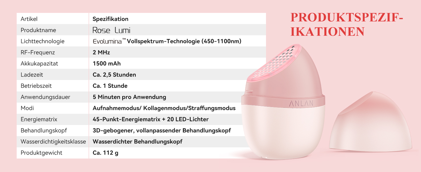 ANLAN Rose Lumi im Test: Was kann das Beauty-Device mit Pink Light, RF und HEPulse? 2 ANLAN Rose Lumi Produktspezifikationen