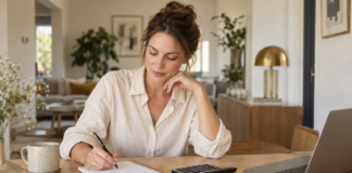 Frau prüft ihre Finanzen mit Notizbuch, Taschenrechner und Münzstapeln am Tisch.