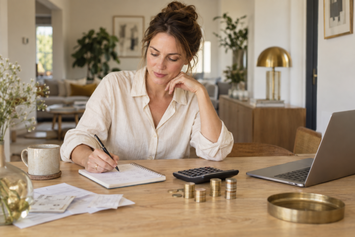 Frau prüft ihre Finanzen mit Notizbuch, Taschenrechner und Münzstapeln am Tisch.