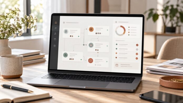 Laptop mit einem übersichtlichen Dashboard für einen KI-Agenten-Workflow