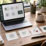 Schreibtisch mit Laptop und einem grafisch dargestellten KI-Workflow
