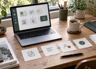 Schreibtisch mit Laptop und einem grafisch dargestellten KI-Workflow